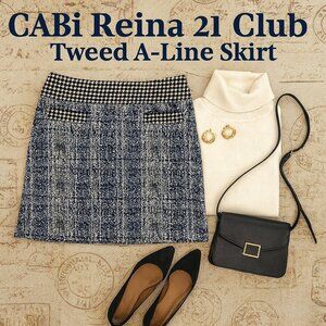 CAbi Reina 21 Club Tweed A-Line Skirt Size 6 • Blue-Black Matrix • Houndstooth
